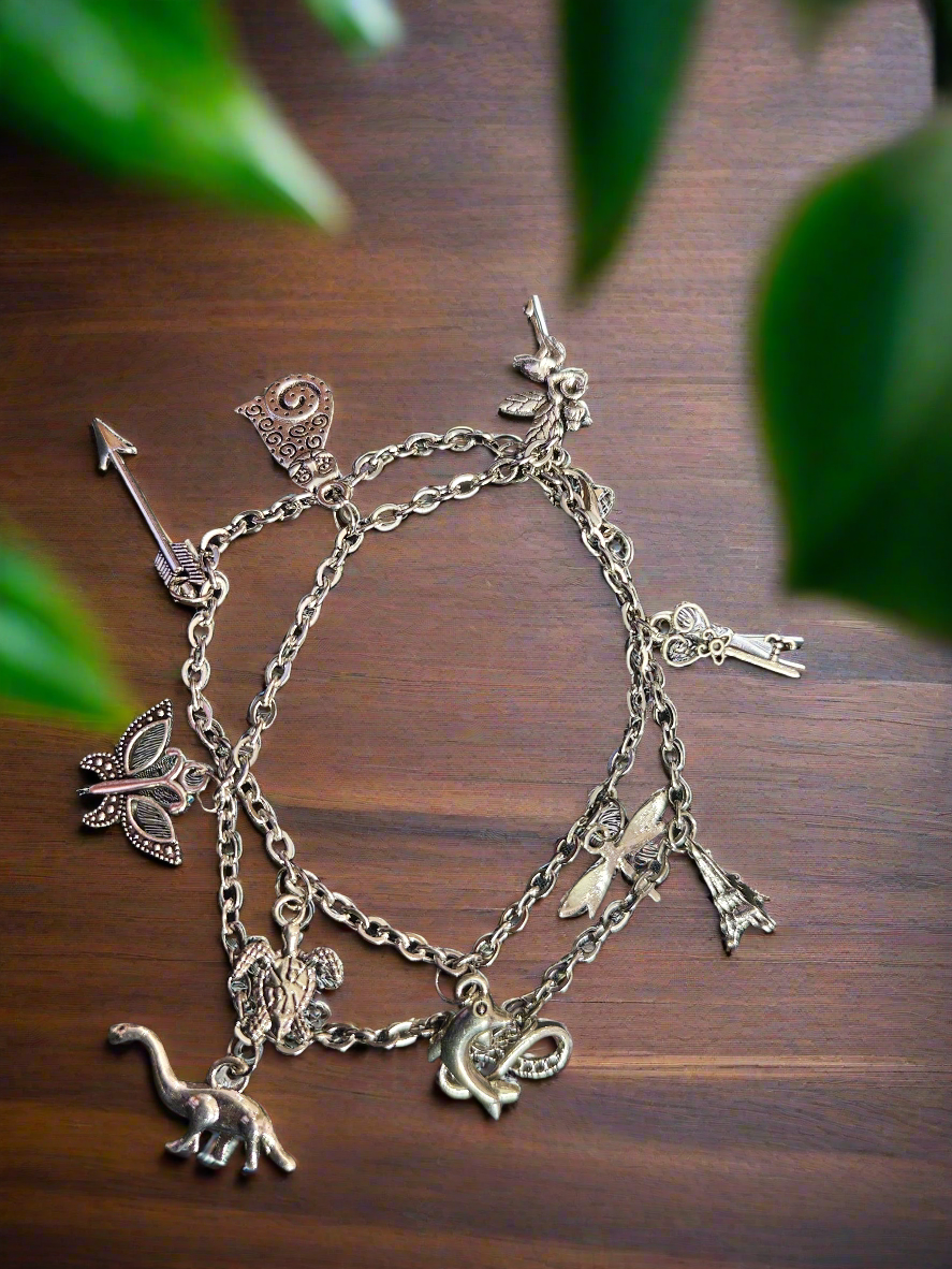 Silver charm bracelet and necklace 2 in 1